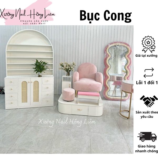 Bục Nail đơn cong gỗ mdf phủ melamin [Xưởng Nail Hồng Liêm] Vững chắc Ngăn kéo Đã lắp ráp