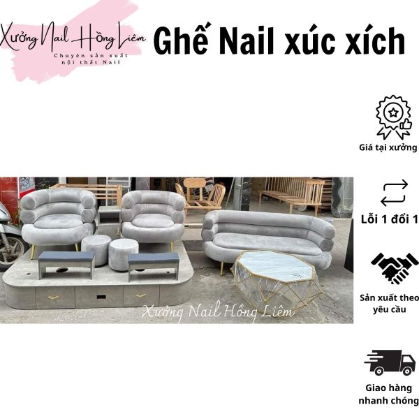 Ghế Nail đủ màu dạng xúc xích [Xưởng Nail Hồng Liêm] Đệm Bền chắc Đã lắp ráp