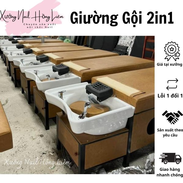 Giường gội nail 2in1 loại VIP [Xưởng Nail Hồng Liêm] Đệm Bền chắc Đã lắp ráp