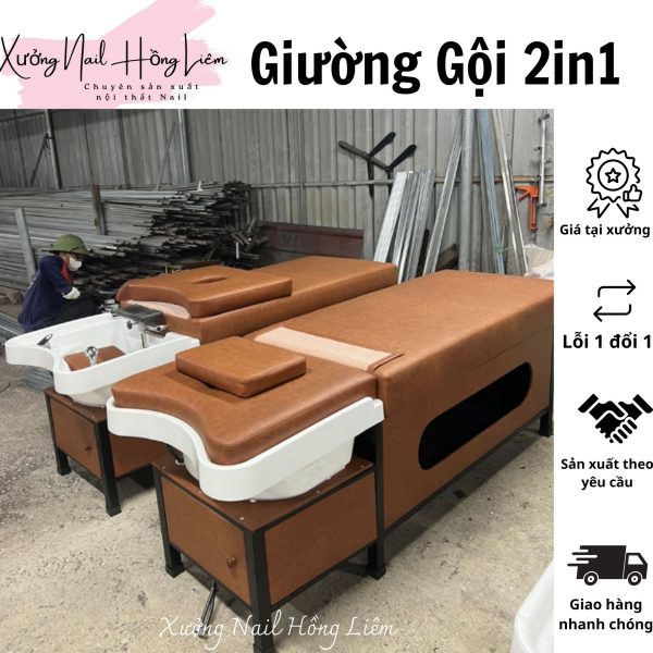 Giường gội nail 2in1 loại VIP [Xưởng Nail Hồng Liêm] Đệm Bền chắc Đã lắp ráp