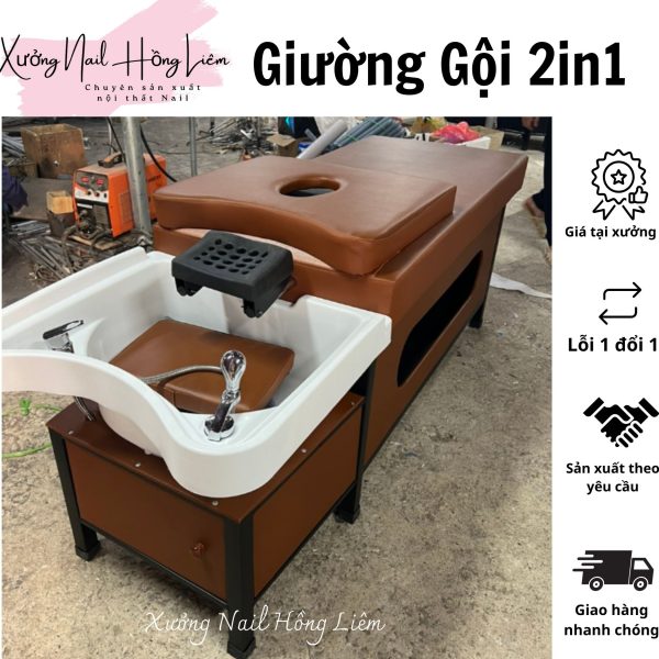 Giường gội nail 2in1 loại VIP [Xưởng Nail Hồng Liêm] Đệm Bền chắc Đã lắp ráp