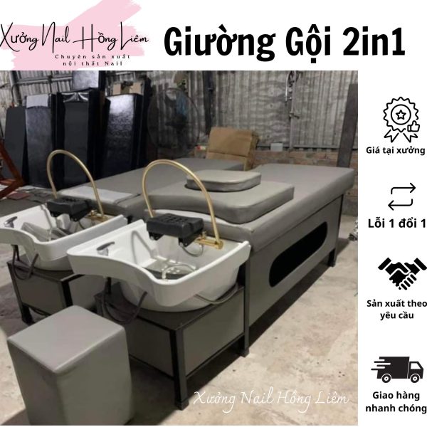 Giường gội nail 2in1 loại VIP [Xưởng Nail Hồng Liêm] Đệm Bền chắc Đã lắp ráp